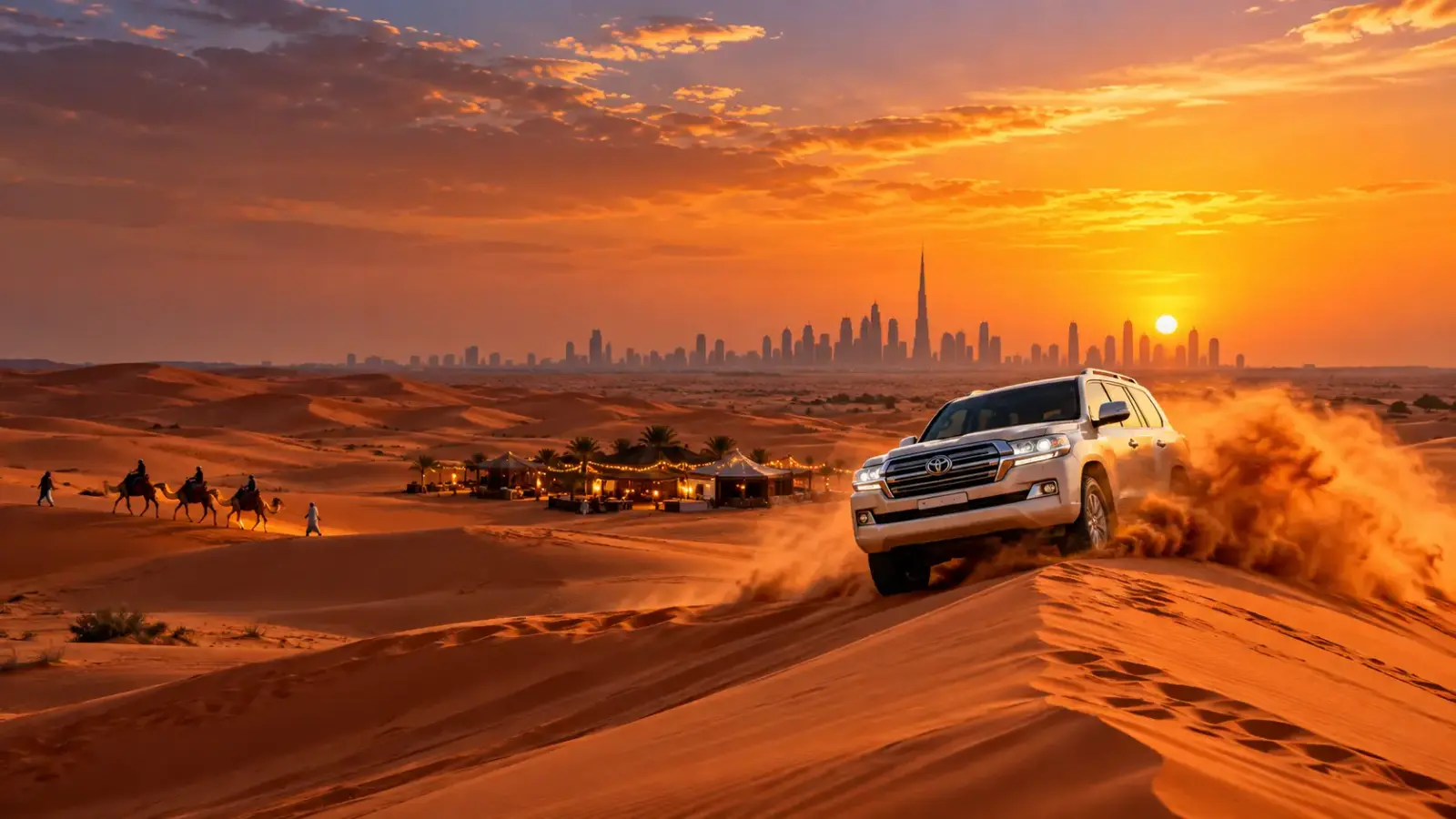 Desert Safari Dubai at sunset — a 4x4 Land Cruiser dune bashing on the red dunes, with a camel caravan, a lantern-lit Bedouin camp and the Dubai skyline on the horizon