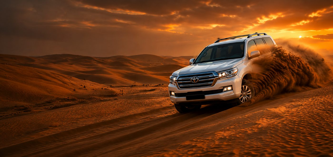 A 4x4 dune bashing across red sand at sunset during a Dubai desert safari