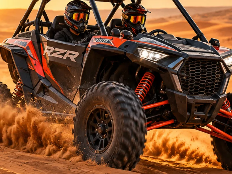Self-drive quad bike and two-seater dune buggy on open desert sand near Dubai